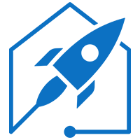 Blue rocket icon inside an angular outline resembling a house.