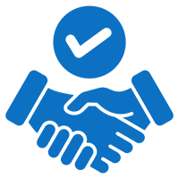Two blue hands shaking with a checkmark above, symbolizing agreement or partnership.