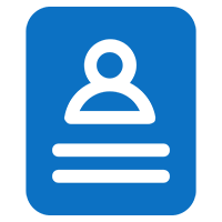 Blue icon of a person silhouette with three horizontal lines beneath, resembling an ID badge or profile page.