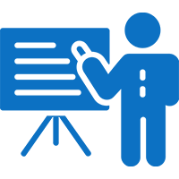 Icon of a person pointing at a presentation board with lines, suggesting a lecture or presentation.