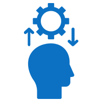 Blue silhouette of a head with a gear above it, indicating thought or processing, with arrows pointing up and down.