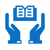 Two blue hands beneath an open book icon.