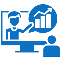 Illustration of a person on a screen giving a presentation with a speech bubble containing an upward trending graph, another person is watching.